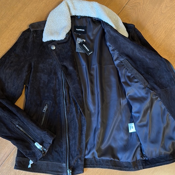Express Moto Jacket Suede Leather Small Chocolate Brown w/Sherpa Collar NEW - Picture 4 of 5